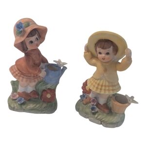 Vintage Pair Of Girls In Hats Basket & Watering Can W Birds Porcelain Figurines